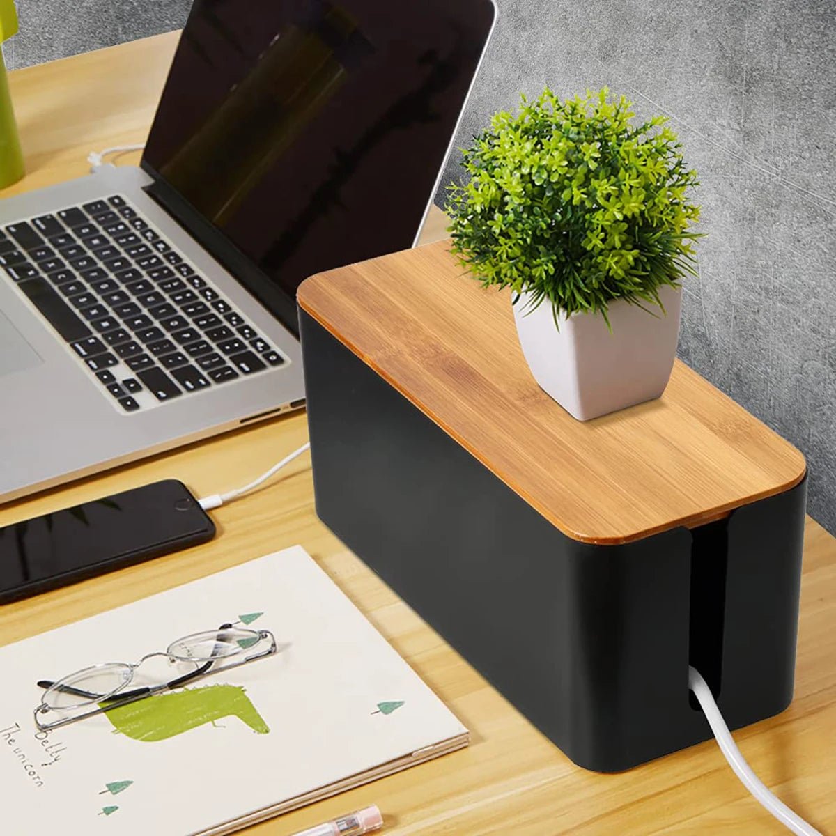 Wooden Cable Management Box – Dustproof Organizer for Chargers & Power Strips