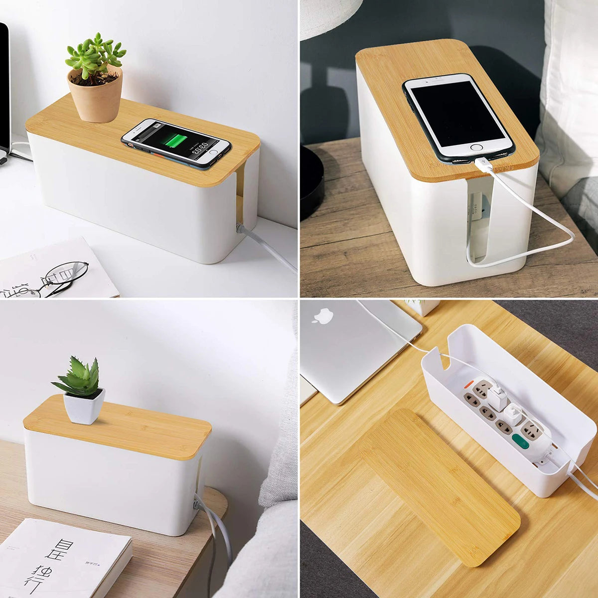 Wooden Cable Management Box – Dustproof Organizer for Chargers & Power Strips