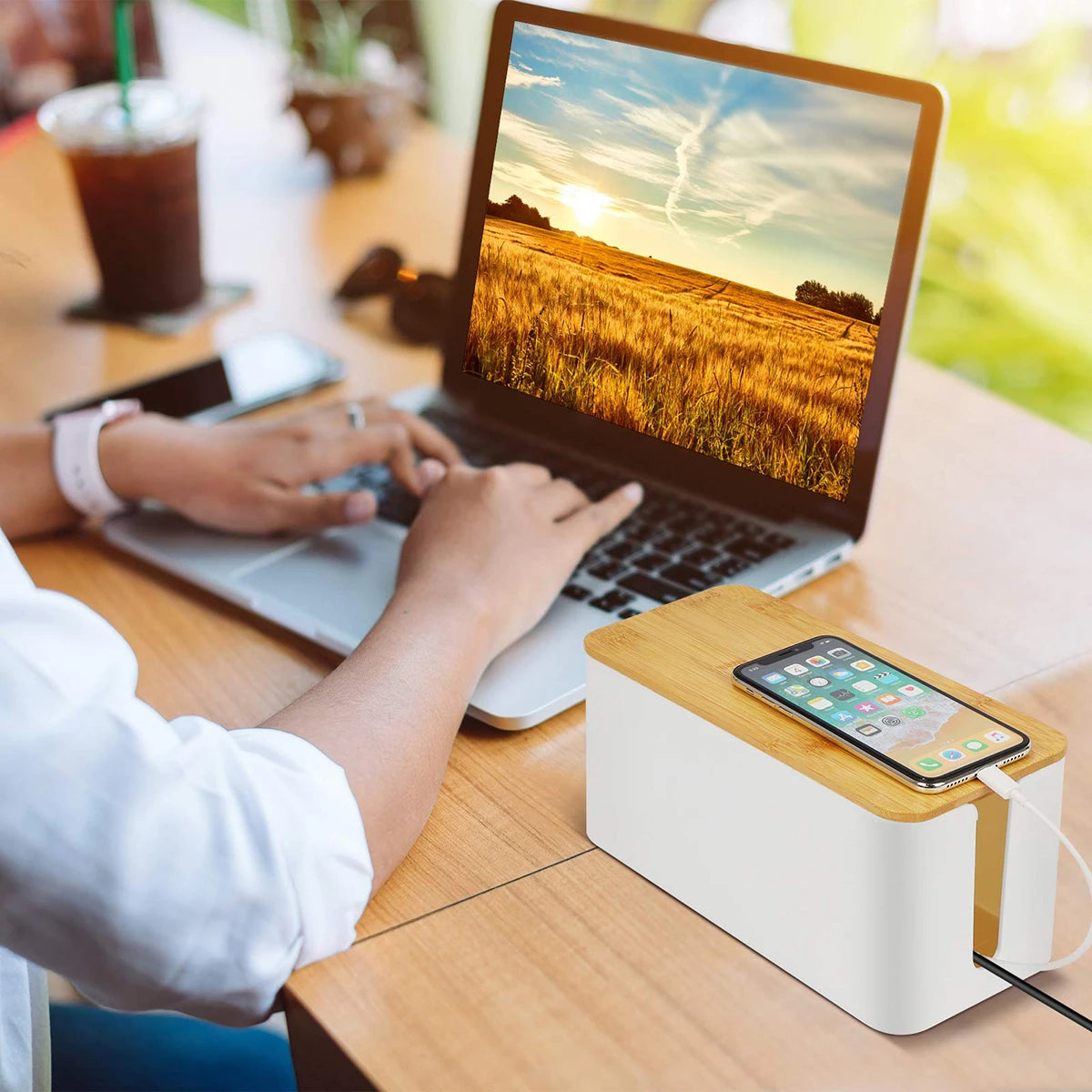 Wooden Cable Management Box – Dustproof Organizer for Chargers & Power Strips