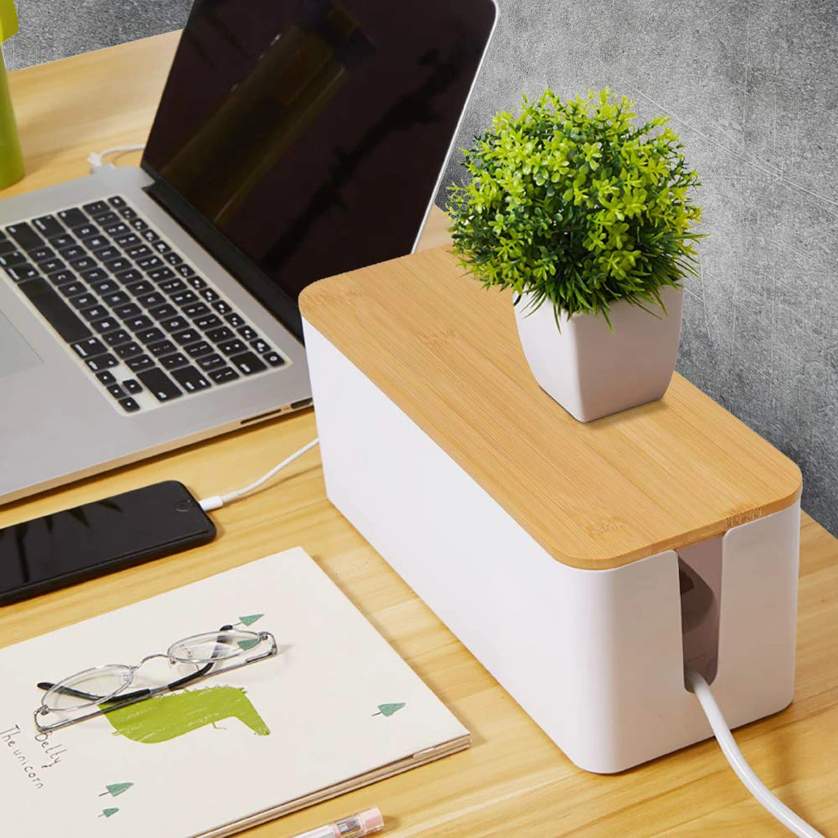 Wooden Cable Management Box – Dustproof Organizer for Chargers & Power Strips